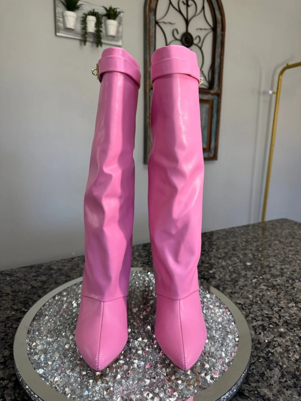 Pink Women's Knee-High skirted wedge Fashion Boots